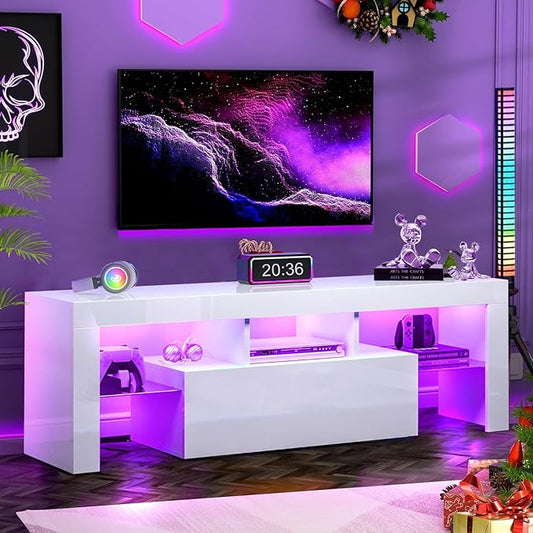 HOUAGI LED TV Stand for Televisions up to 55 Inchs, Black Modern Entertainment Center with Storage Drawer and Glass Shelf, TV Console Table for Living Room,Bedroom, 50in-NeatNest