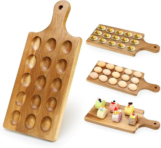 Acacia Wood Egg Platter for Deviled Eggs Container Counter Wooden Charcuterie Board Plates Easter Gift Small Devilled Egg Holder Carrier Cheese Board Hosting Essentials Devil Eggs Dish Serving Tray