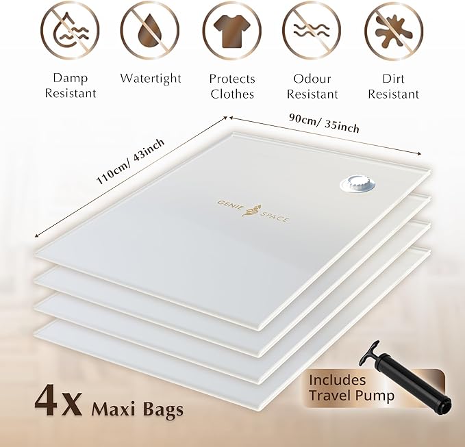 GENIE SPACE Max Vacuum Storage Bags - Pack of 4, 43x35in | Strong XXL Jumbo Size Space Saving Bags | Premium Airtight & Reusable Vacuum Bag for Clothes, Duvets, Curtains, etc. | inc Travel Pump-NeatNest