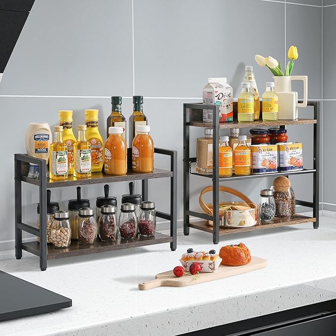 IBUYKE 3-Tier Spice Rack Industrial Counter Shelf Desktop Storage Organizer Standing Seasoning Rack for Countertop Kitchen Office Living Room Desktop Rustic Brown UTLJ021H-NeatNest