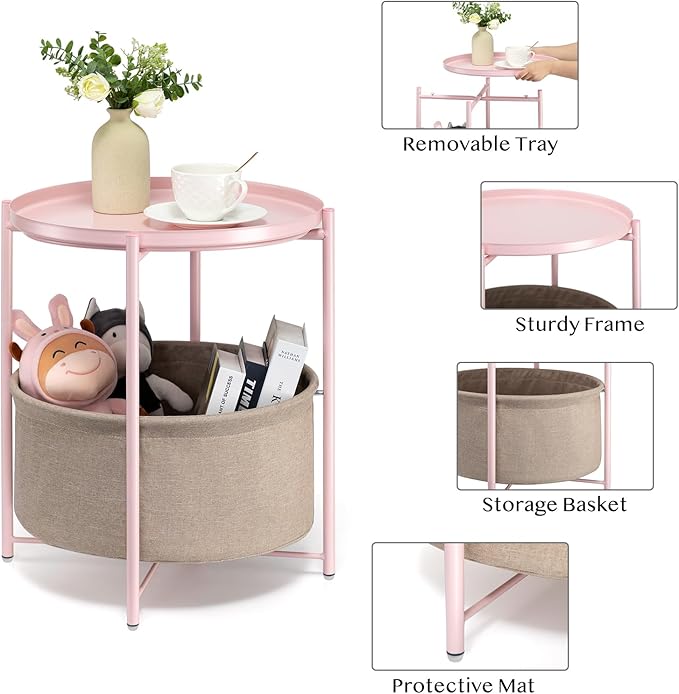 danpinera Round Side Table with Fabric Storage Basket, Metal Side Table Small Bedside Nightstand with Removable Tray Top for Living Room, Bedroom, Nursery, Laundry, Light Pink-NeatNest