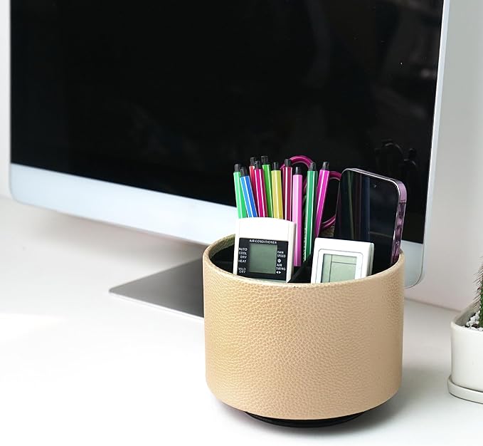 Hennaja Round Leather Art Supply Organizer,Remote Control Holder,360 Degree Spinning,Multi-Functional Pencil Holder,4 Compartments Desktop Stationary Organizer(1-Lichee Gold)-NeatNest