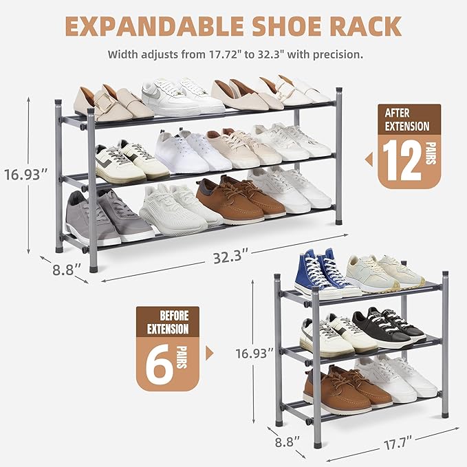 STORAGE MANIAC Expandable Shoe Rack, 12 Pairs Stackable Small Shoe Rack, Metal Adjustable Shoes Organizer for Closet, Entryway, Hallway, Garage, Front Door, Shoes Shelves, Black 3 Tier-NeatNest