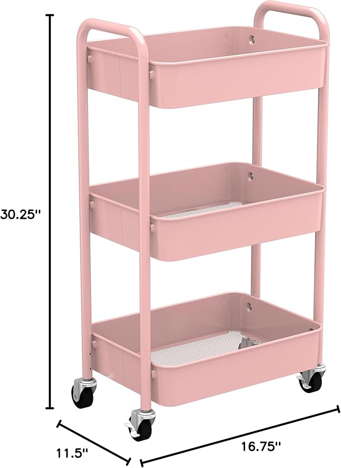 CAXXA 3-Tier Rolling Metal Storage Organizer - Mobile Utility Cart with Caster Wheels, Pink-NeatNest