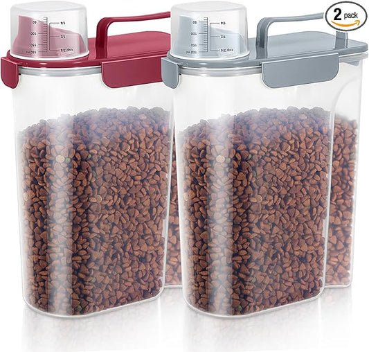 5-7Lbs Dog Cat Food Storage Container with Upgraded Large Nozzle BPA-free, 4 Snap Seals Plastic Pet Food Storage Containers with Handles (2, Gray Blue + Red, 5L)-NeatNest