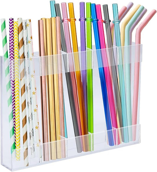 Acrylic Straw Holder Dispenser with Double Sided Adhesive Tape Reusable Tumbler Lid Straw Organizer Storage Container for Counter Cabinet Cupboard Kitce (Clear)