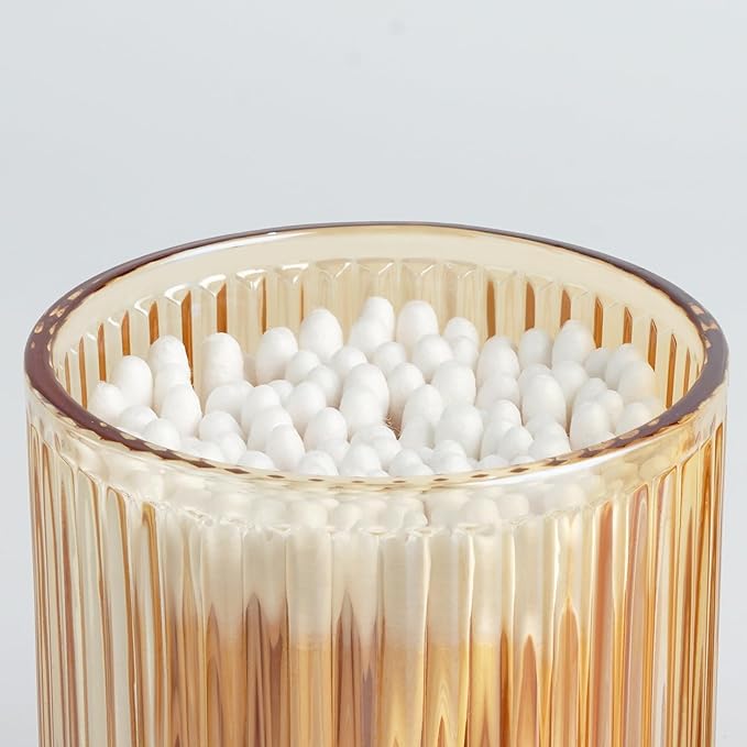 2 Pack Qtip Holder - Apothecary Jars with Lids, Bathroom Organizers and Storage Canister for Cotton Balls,Swabs,Floss Picks,Hair Ties,Clear Glass Vintage Bathroom Decor Jar Set (Amber)-NeatNest