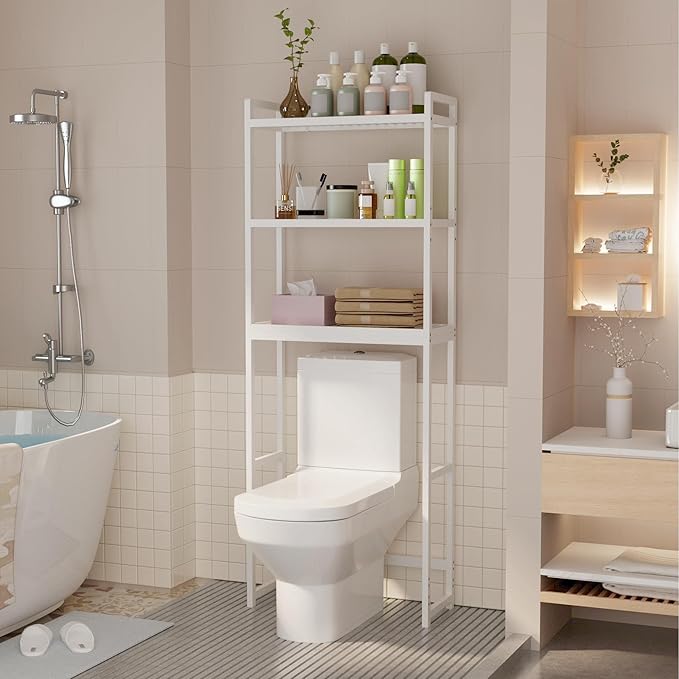 Gizoon Over The Toilet Storage, 3 Tier Bamboo Bathroom Organizer with Adjustable Shelf, Freestanding Above Toilet Stand, Bathroom Storage Shelf Rack