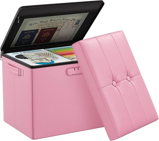 DocSafe Storage Ottoman Foot Rest Stool with Lock ＆ Handles, Fireproof Folding Leather Footstool Bench with Storage Safe for Living Room Bedroom, Home Office, Dorm, 17x13x13in, Pink-NeatNest