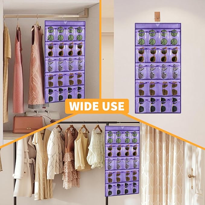 2 Pcs Sunglasses Organizer Storage Sunglass Holder for Wall Hanging Eyeglass Organizer for Multiple Glasses with 40 Clear Slots (PURPLE)-NeatNest