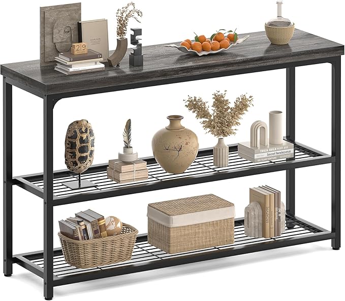 47" Console Table, 3-Tier Entryway Table, Sofa Table with Mesh Shelves, Console Tables for Living Room, Bedroom, Hallway, Entryway, Foyer, Grey-NeatNest