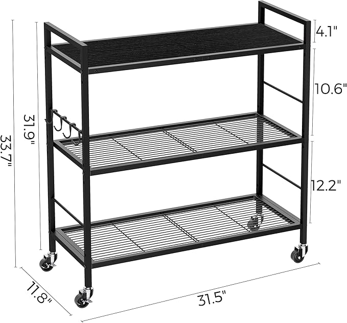 3-Tier Metal Storage Rack with Industrial Wheels,Mesh Shelving Unit with Wooden Table top,Adjustable Shelf,31.5-Inch Width, for Kitchen, Laundry,Pantry,Plant,Black panel and black frame