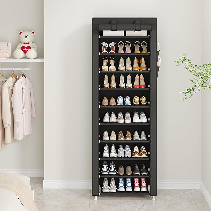 UDEAR 10-Tier Free Standing Shoe Rack Sturdy Shoe Rack Organizer for Closet Entryway Stackable Shoe Shelf with Dustproof Cover,Black-NeatNest