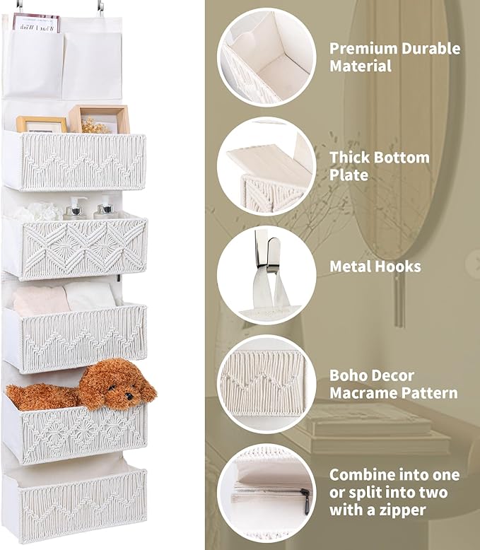 ANTIS'S HOME Over the Door Organizer Macrame Boho Nursery Storage with 5 Large Woven Pockets, Hanging Closet Basket for Bathroom or Nursery, Behind the Door Storage Organizer-NeatNest