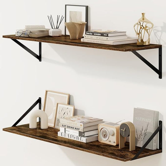 Fun Memories Deep Floating Shelves for Wall, 36W x 8D Wall Mounted Shelves Set of 2, Wide Display Ledge Shelf with Sturdy Metal Brackets for Living Room, Bathroom, Bedroom and Kitchen, Rustic Brown-NeatNest