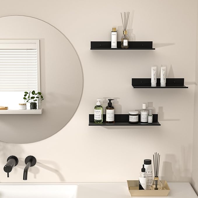 Floating Shelves for Wall Set of 3, Black Metal Wall Shelves for Bathroom 11.8/13.8/15.7 in, Modern Small Adhesive Shelf for Living Room, Bedroom, Office, Kitchen-NeatNest