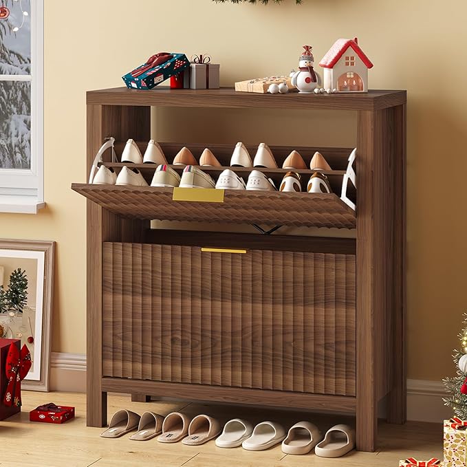 Shoe Cabinet Storage for Entryway, Fluted Shoe Cabinet with 2 Flip Drawers, Hidden Shoe Rack Tall Freestanding Shoe Organizer with Legs for Hallway, Walnut-NeatNest