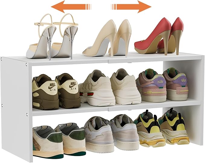 White Shoe Rack Organizer for Closet, 2-Tier Expandable Shoe Shelf, Stackable Iron Wood Combination Small Shoe Racks Shelves for Closets, Entryway,Small Space,Hallway,Garage,6-12 Pairs,Patent Pending-NeatNest
