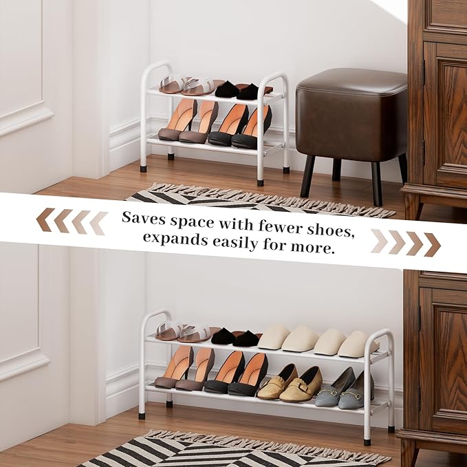 Expandable Shoe Rack, Adjustable Shoes Organizer Metal, Space-Saving Storage Shelf for Closet, Entryway, Front Door & Hallway,Sturdy and Easy Assembly (White, 2-Tier)