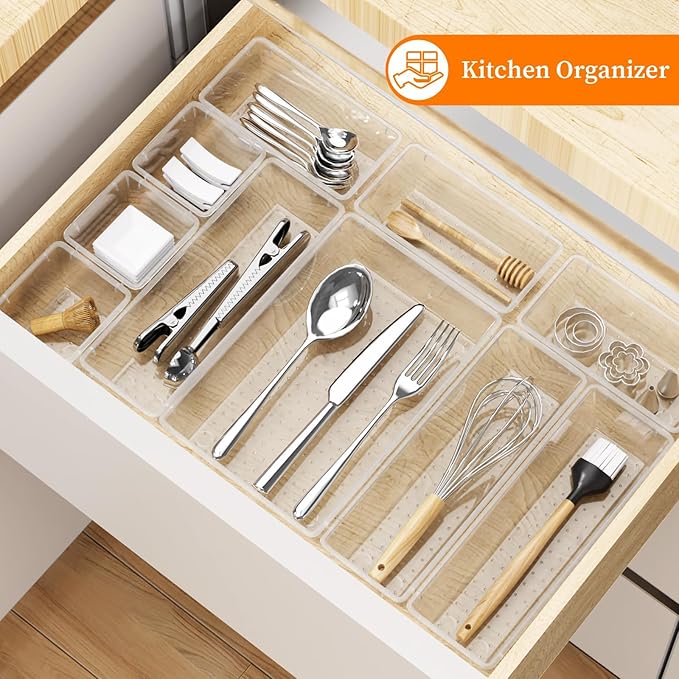 32 PCS Clear Plastic Drawer Organizer Set, 4-Size vanity organizer Trays and Storage Bins for Makeup, Jewelry and Gadgets in Bedroom, Bathroom and Office, Clear-NeatNest