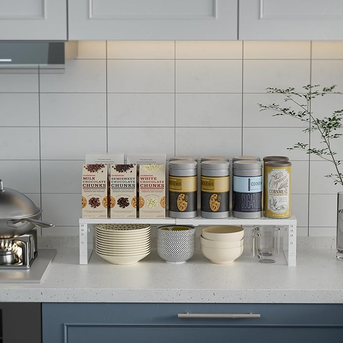 Expandable Spice Rack Kitchen Cabinet Shelf Organizer, Stackable Storage Shelves Racks, Adjustable Counter Shelving for Cabinets, Countertop, Cupboard,Pantry and More(2Packs/White/Medium)-NeatNest