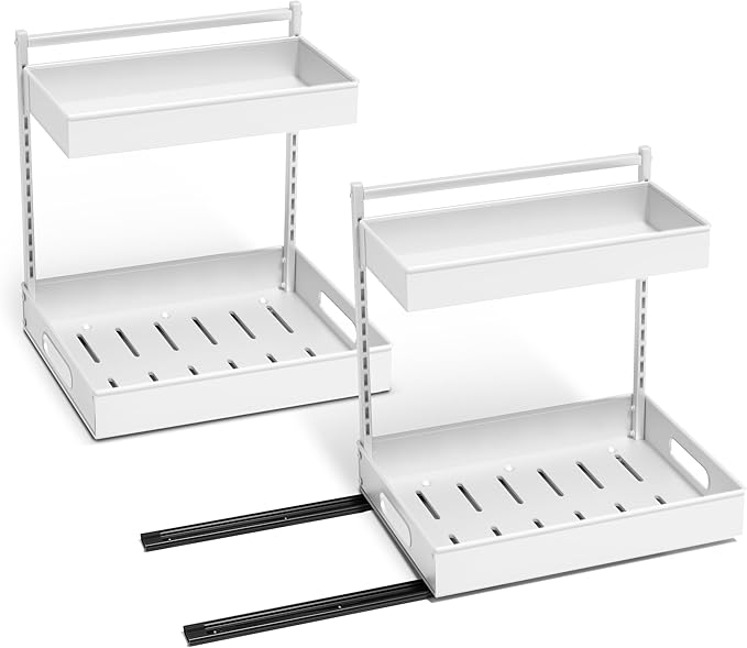 Sorbus Under Sink Organizer with Sliding Tracks – Pull Out Cabinet Organizer with Drawer & Installation Rails – Under Cabinet Bathroom Storage Organizer for Kitchen, Pantry, or Vanity –White 2 Pack-NeatNest