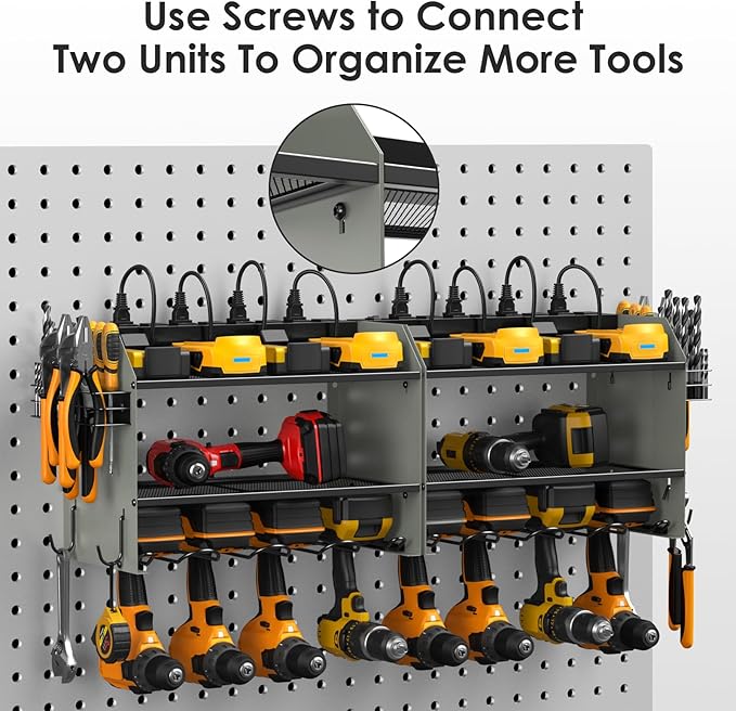 CCCEI Modular Power Tool Organizer Wall Mount Charging Station, Grey 6 Drills Holder with 8 Plug Power Strip 10FT, Garage Drill Battery Heavy Duty Metal Shelf, Utility Rack with Hooks, Side Storage.-NeatNest