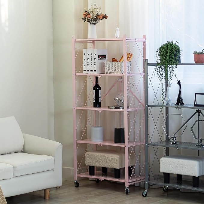 BRIAN & DANY 5-Tier Foldable Storage Shelves with Wheels, Folding Metal Rack Shelving Unit, Heavy Duty No Assembly Organizer Shelf for Garage, Kitchen, Basement, Pantry, Pink-NeatNest