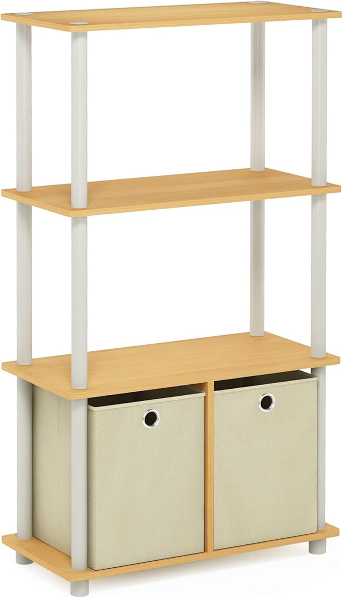 Furinno NW889BE/WH Go Green 4-Tier Multipurpose Storage Rack w/Bins, Beech/White-NeatNest