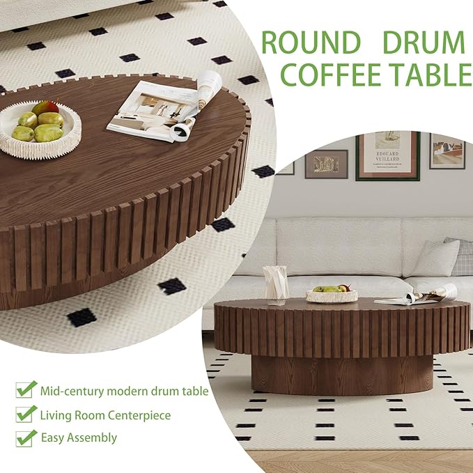 Handmade Oval Grooved Drum-Shaped Coffee Table、Rustic Modern Circular Centerpiece for Living Room & Farmhouse Decor、Easy to Clean (C Walnut 43in)