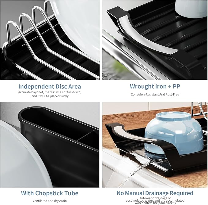 Expandable Dish Drying Rack for Sink or Countertop – Compact Stainless Steel Dish Drainer with Removable Utensil Holder, Rustproof Plate Rack for Small Kitchen Spaces, Black