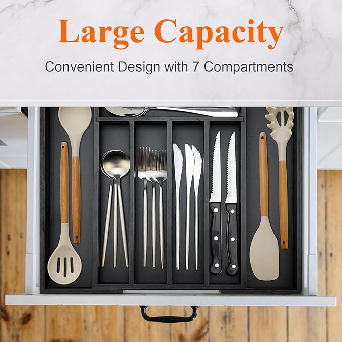 Expandable Bamboo Kitchen Drawer Organizer Utensil Tray Black Wood Silverware Organizer Adjustable Wooden Cutlery Tray for Fork Spoon Organizer Large Cooking Utensil Holder Drawer Flatware Organizer-NeatNest