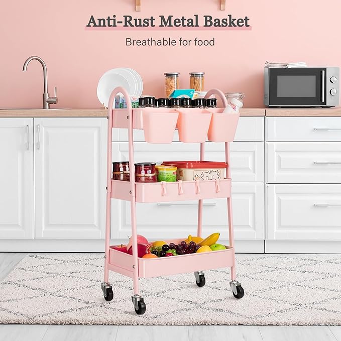 Danpinera 3-Tier Rolling Cart, Metal Storage Cart with Lockable Wheels, Hanging Cups & Hooks, Mobile Trolley for Kitchen, Bathroom, Office, Workshop, Pink-NeatNest