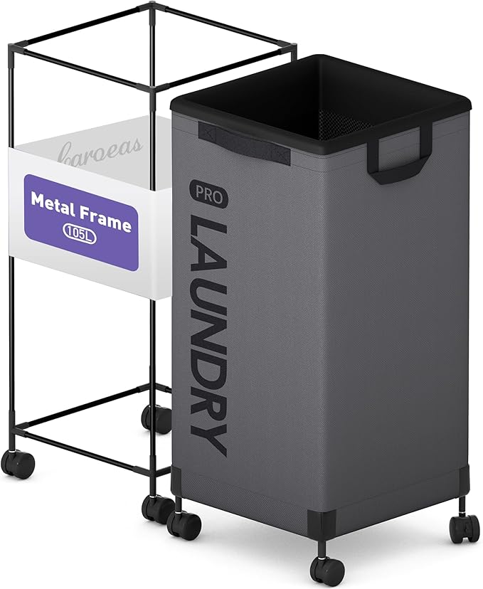 Caroeas Next-Gen 105L Matel Frame Laundry Basket with wheels, Heavy Duty Tall Rolling Laundry Hamper with Removable Wash Bag, Collapsible Freestanding Clothes Hamper For Laundry Room (100L,Grey,1Pack)