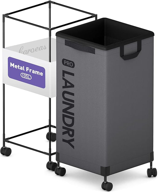 Caroeas Next-Gen 105L Matel Frame Laundry Basket with wheels, Heavy Duty Tall Rolling Laundry Hamper with Removable Wash Bag, Collapsible Freestanding Clothes Hamper For Laundry Room (100L,Grey,1Pack)