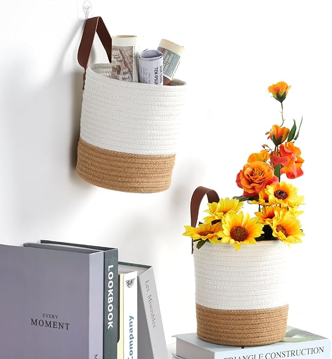 DULLEMELO Small Hanging Basket with Handle Set of 2 Hanging Wall Baskets, Wall Hanging Baskets for Organizing Wall Plants, Key, Sunglasses Small Woven Basket,White&Brown-NeatNest