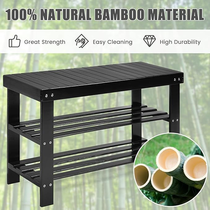Giantex Entryway Shoe Bench, Bamboo Shoe Shelf Organizer Holds up to 6 Pairs, 3-Tier Black Shoe Storage Rack Heels, Slippers for Entry, Living Room, Bathroom (Black)