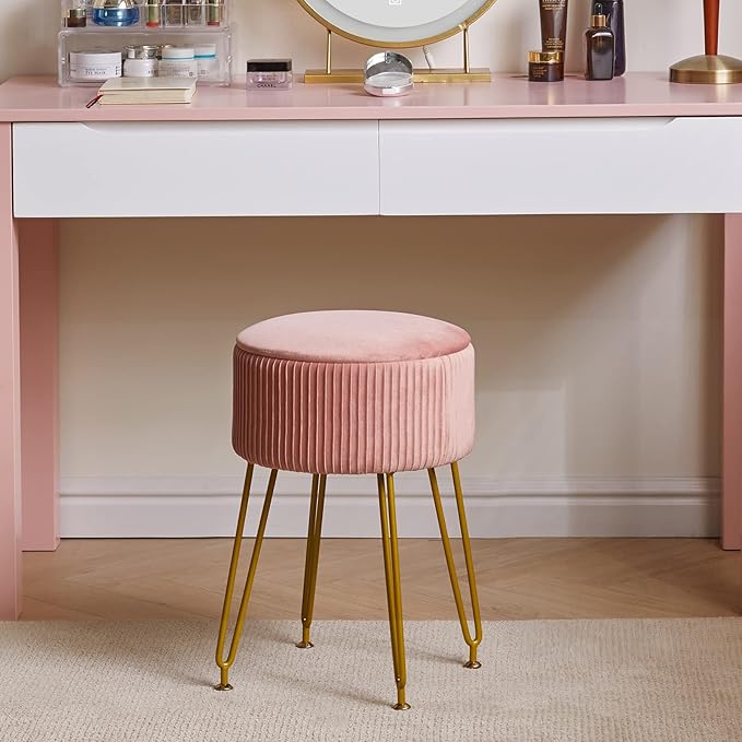 IBUYKE Velvet Storage Footrest Stool Ottoman, Makeup Vanity Stool Side Table with Golden Steel Legs Removable Cover, Coffee Table Top Cover, Pink LG-20P