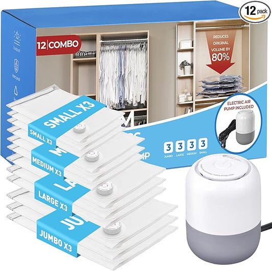 12 Pack Vacuum Storage Bags with Electric Air Pump, Vacuum Seal Bags for Clothing (3Jumbo/3Large/3Medium/3Small), Space Saver Bag for Clothes, Blanket, Duvets, Pillows,Comforters, Bedding,Travel-NeatNest