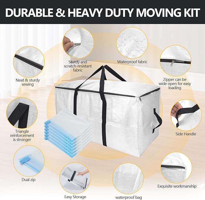 Extra Large Moving Bags with Vacuum Storage Bags Combo – Heavy Duty Totes with Handles & Zippers for Effortless Moving, (Transparent, 12 Park-2 Move bag & 10 Vacuum Seal Bag)