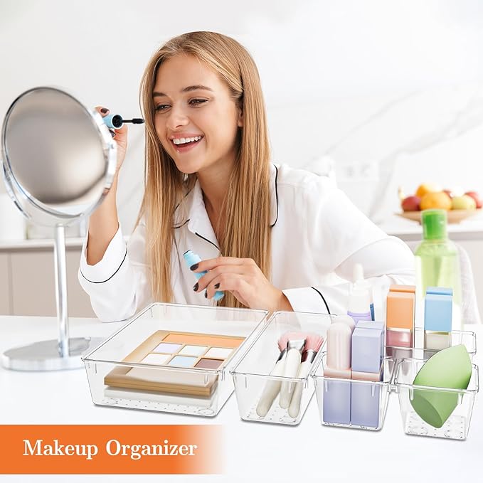 25 PCS Plastic Drawer Organizer Set, 4-Size Versatile Organizer Trays & storage Bins for Makeup, Jewelry, and Gadgets in Bathroom, Bedroom and Office,Clear White-NeatNest