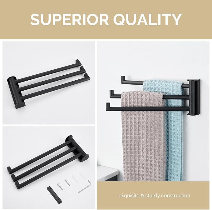 Angle Simple Swivel Hand Towel Holder, SUS 304 Stainless Steel Foldable 3 Towel Bars for Bathroom, Matte Black