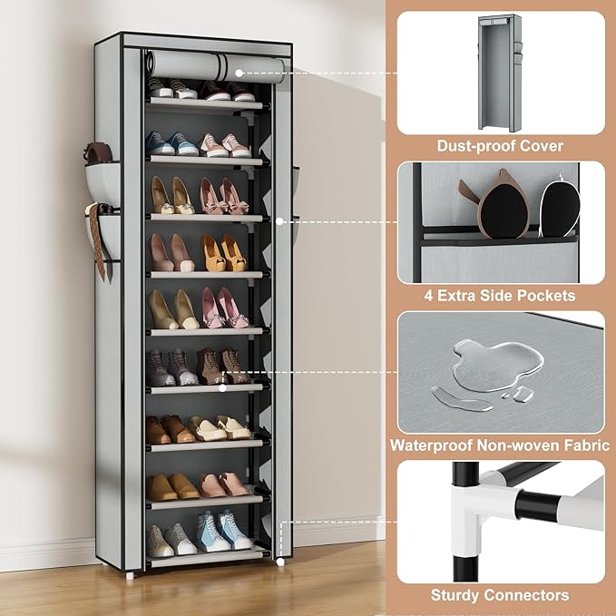 Shoe Rack with Cover Narrow Shoe Rack Organizer with 4 Side Pockets 10 Tier Tall Shoe Storage Shoe Shelf Holds 18-22 Pairs Shoes and Boots Shoe Rack for Closet, Grey-NeatNest