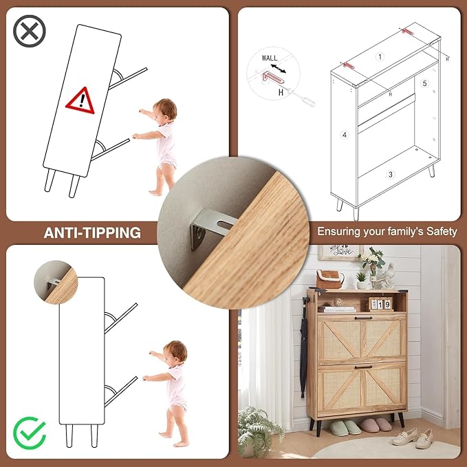 Shoe Storage Cabinet, Boho Rattan Shoe Organizer with 2 Flip Drawers,Farmhouse Freestanding Hidden Slim Narrow Shoe Rack Cabinet with Open Shelves for Entryway, Foyer,Hallway, Natural-NeatNest