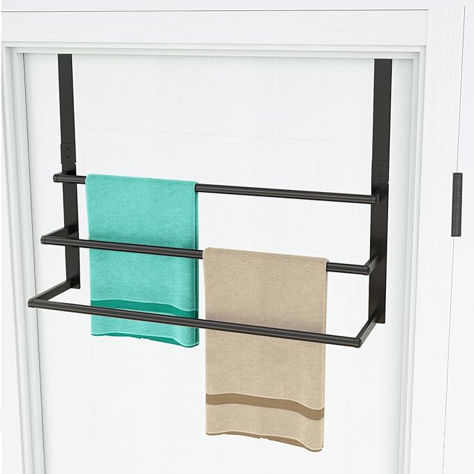 24Inch Over The Door Towel Rack, Stainless Steel DOKU Door Towel Hanger, Over Door Towel Holder with 3 Tier Towel Bars, Matte Black Over Door Towel Storage for Bathroom