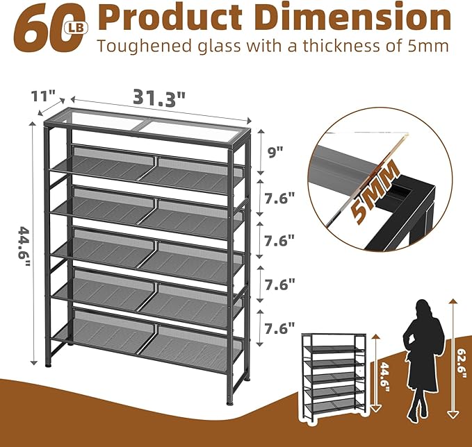 Simple Trending Shoe Rack, 6 Tier Shoe Organizer Holds 25 Pairs, Metal Shoe Storage with Adjustable Shelves, Tempered Glass, Black-NeatNest