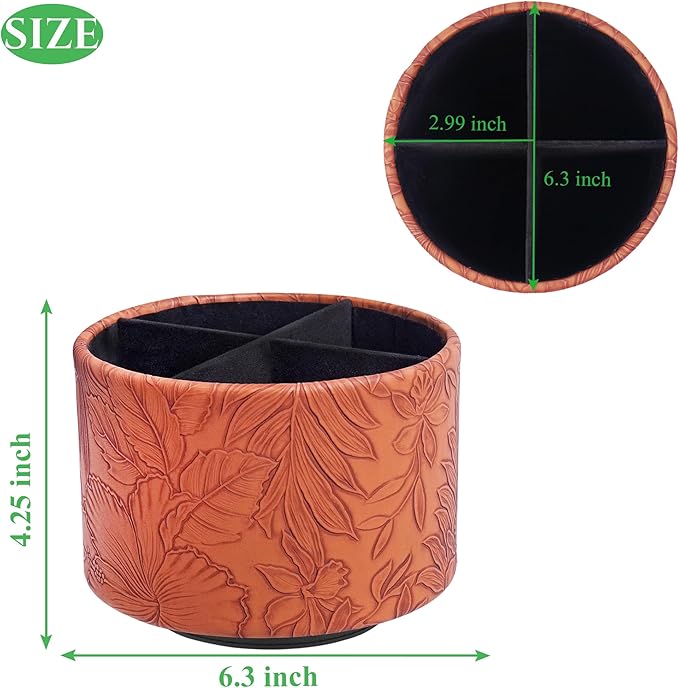 Hennaja Round Leather Art Supply Organizer,Remote Control Holder,360 Degree Spinning,Multi-Functional Pencil Holder,4 Compartments Desktop Stationary Organizer(1-Carved Brown)-NeatNest