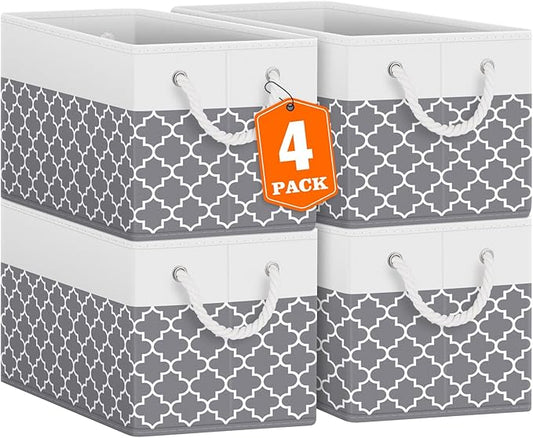 Fab totes Storage Bins [4-Pack], Foldable Storage Baskets for Organizing Toys, Books, Shelves, Closet, Large Storage Box with Rope Handles, Sturdy Organizer Bins,Clover Grey-NeatNest