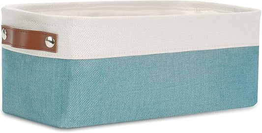 DULLEMELO Fabric Bathroom Storage Bin with Leather Handles, Narrow Organizer for Towels, Toilet Paper Rolls, Storage Basket for Back of Toilet, Vanities, Shelves & Cabinets (White&Teal)-NeatNest