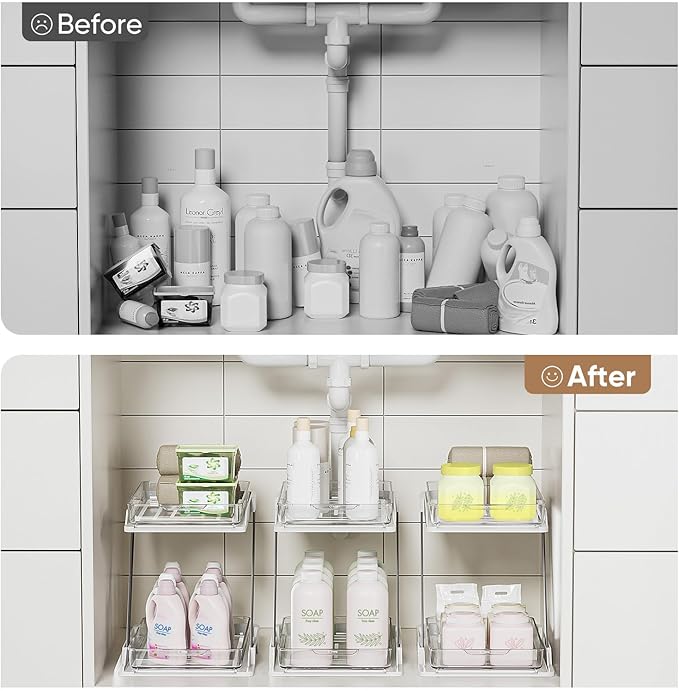 1 Pack Bathroom Organizers and Storage - Multi-Purpose,2-Tier Clear Pull Out Organization for Bathroom,Under Sink,Kitchen,Vanity,Countertop,Cabinet,Pantry & Medicine Cabinet,White-NeatNest